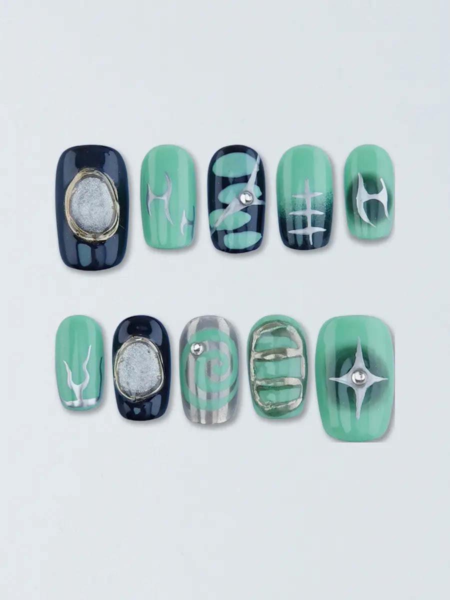 Green & Black Geometric Metal Press-On Nails – Medium Square
