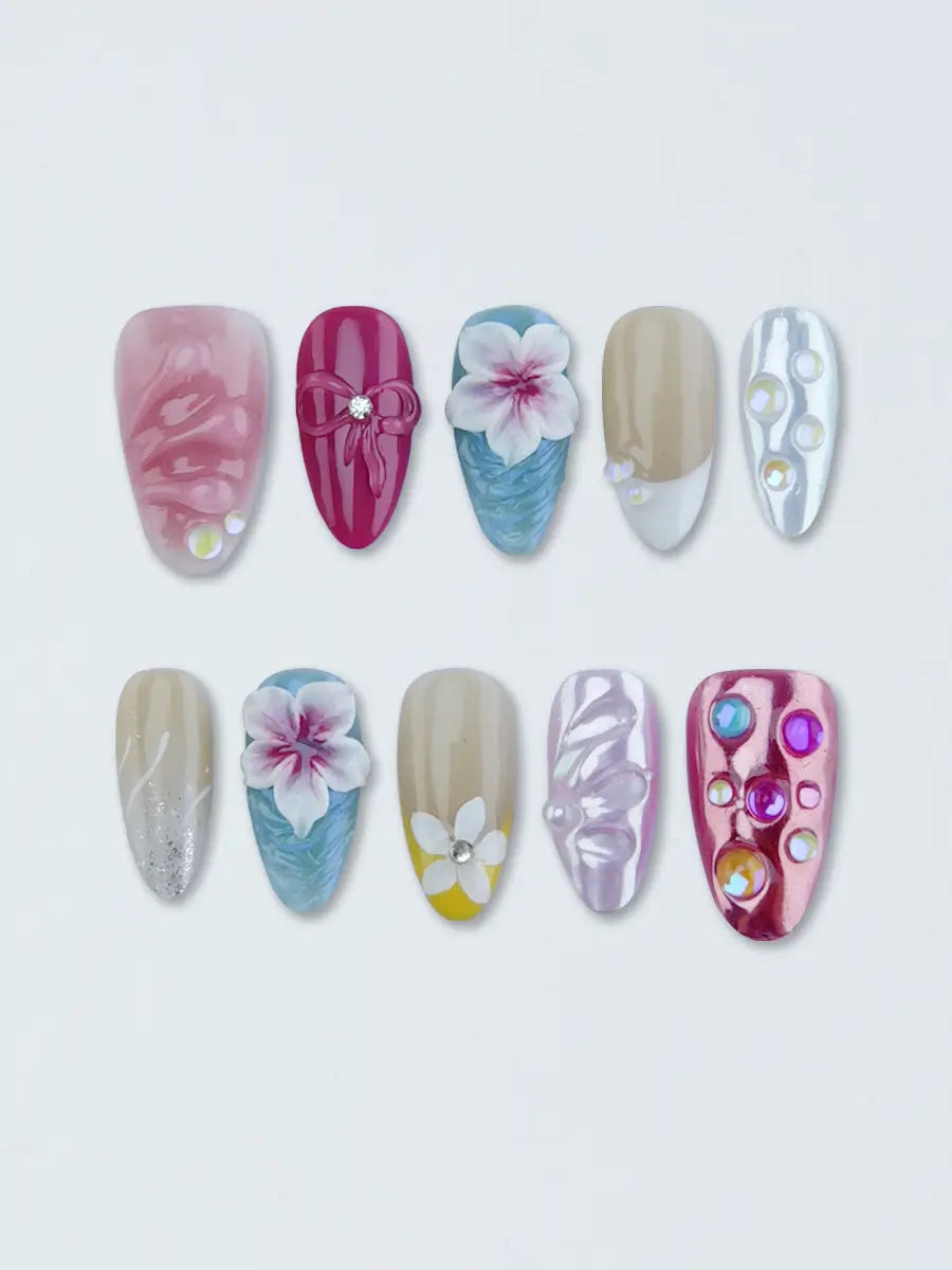 Multi-Color 3D Floral & Crystal Almond Press-On Nails with Butterfly Accents