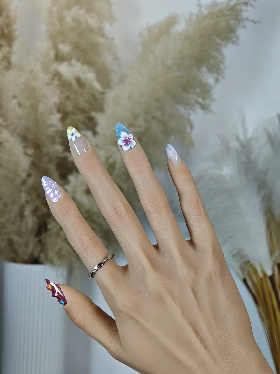 Multi-Color 3D Floral & Crystal Almond Press-On Nails with Butterfly Accents
