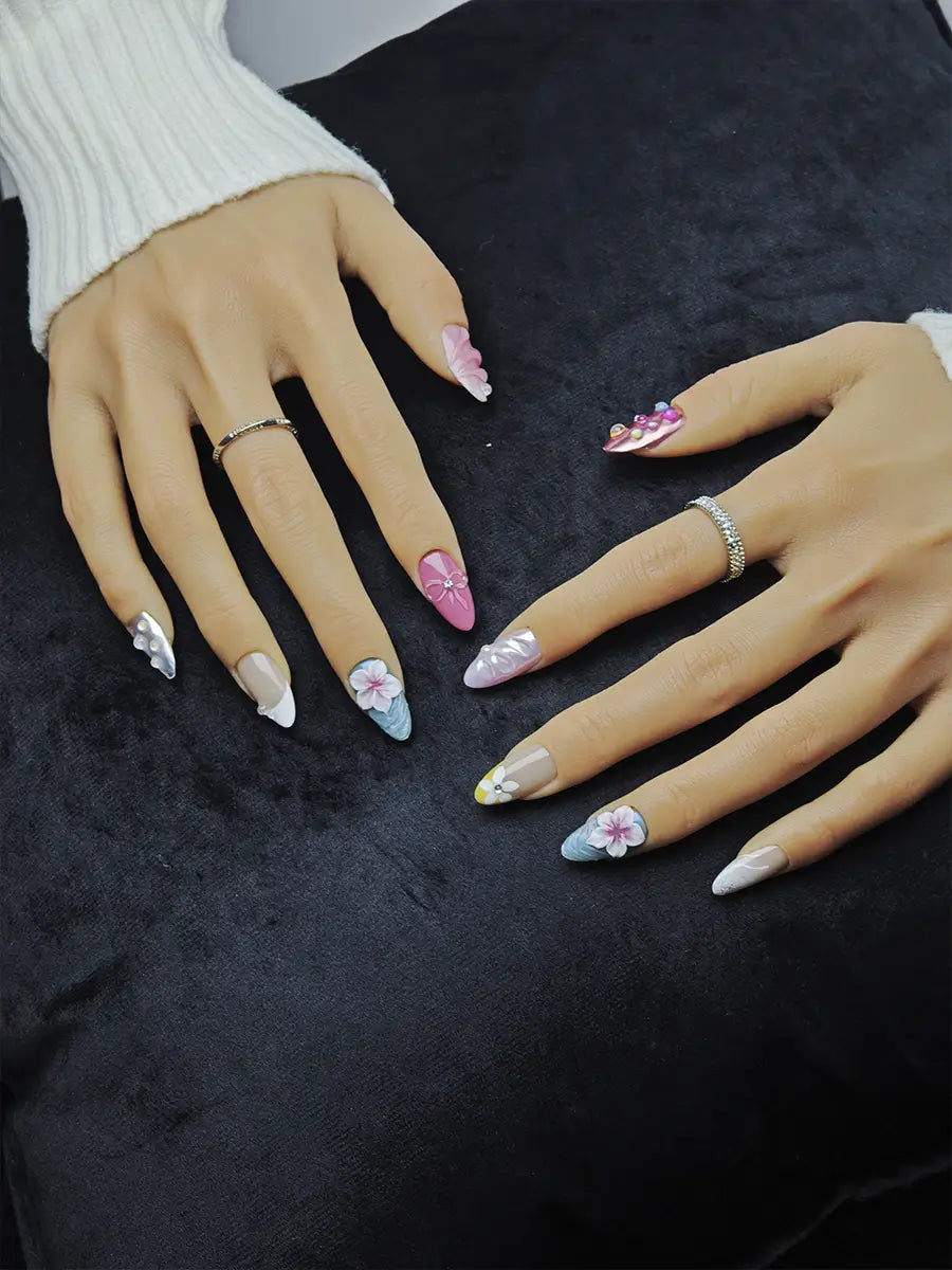 Multi-Color 3D Floral & Crystal Almond Press-On Nails with Butterfly Accents