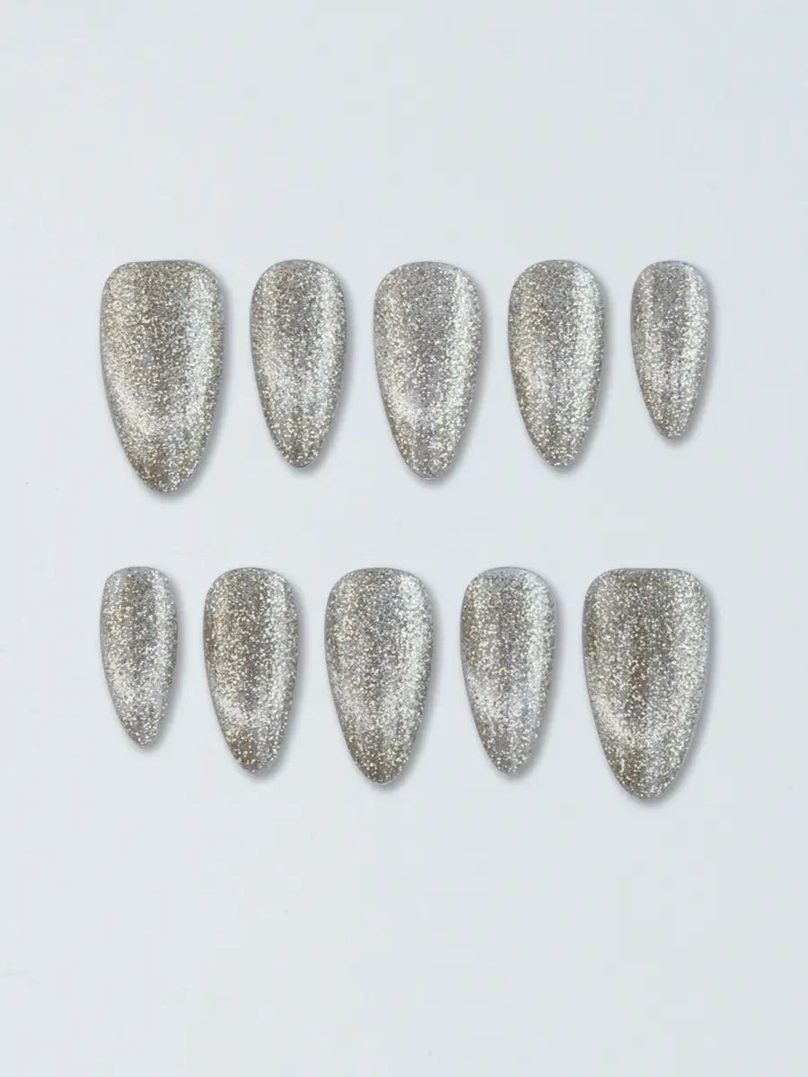Gold Glitter Cat-Eye Short Almond Press-On Nails – Luxe Sparkling Design