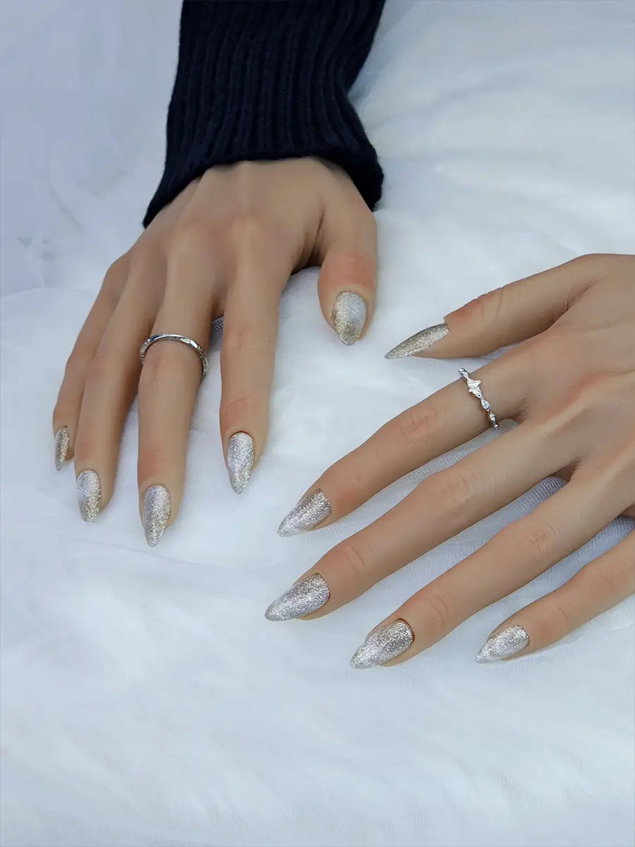 Gold Glitter Cat-Eye Short Almond Press-On Nails – Luxe Sparkling Design