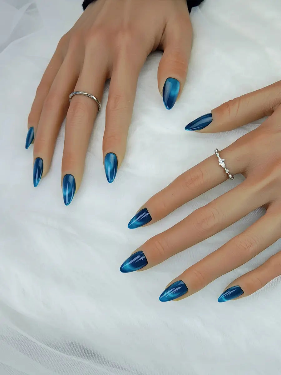 Blue-Green Gradient Short Almond Press-On Nails – Luxe & Elegant