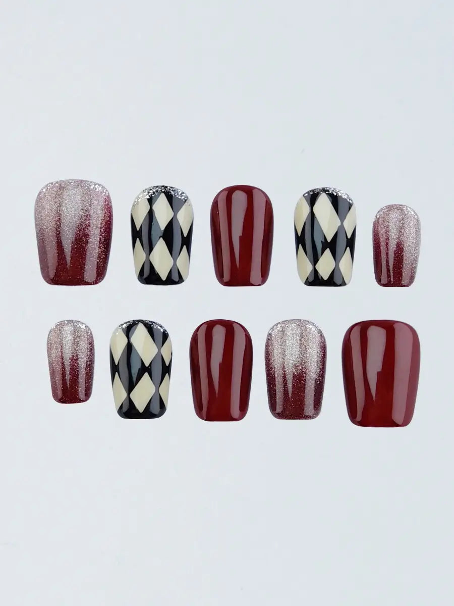 Red Ombre Checkered Nails   Short Coffin Fake Nails with Sparkle
