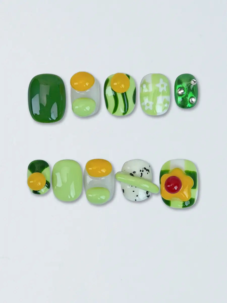 Spring Green & Yellow Press-On Nails with 3D Decorations – Short Square