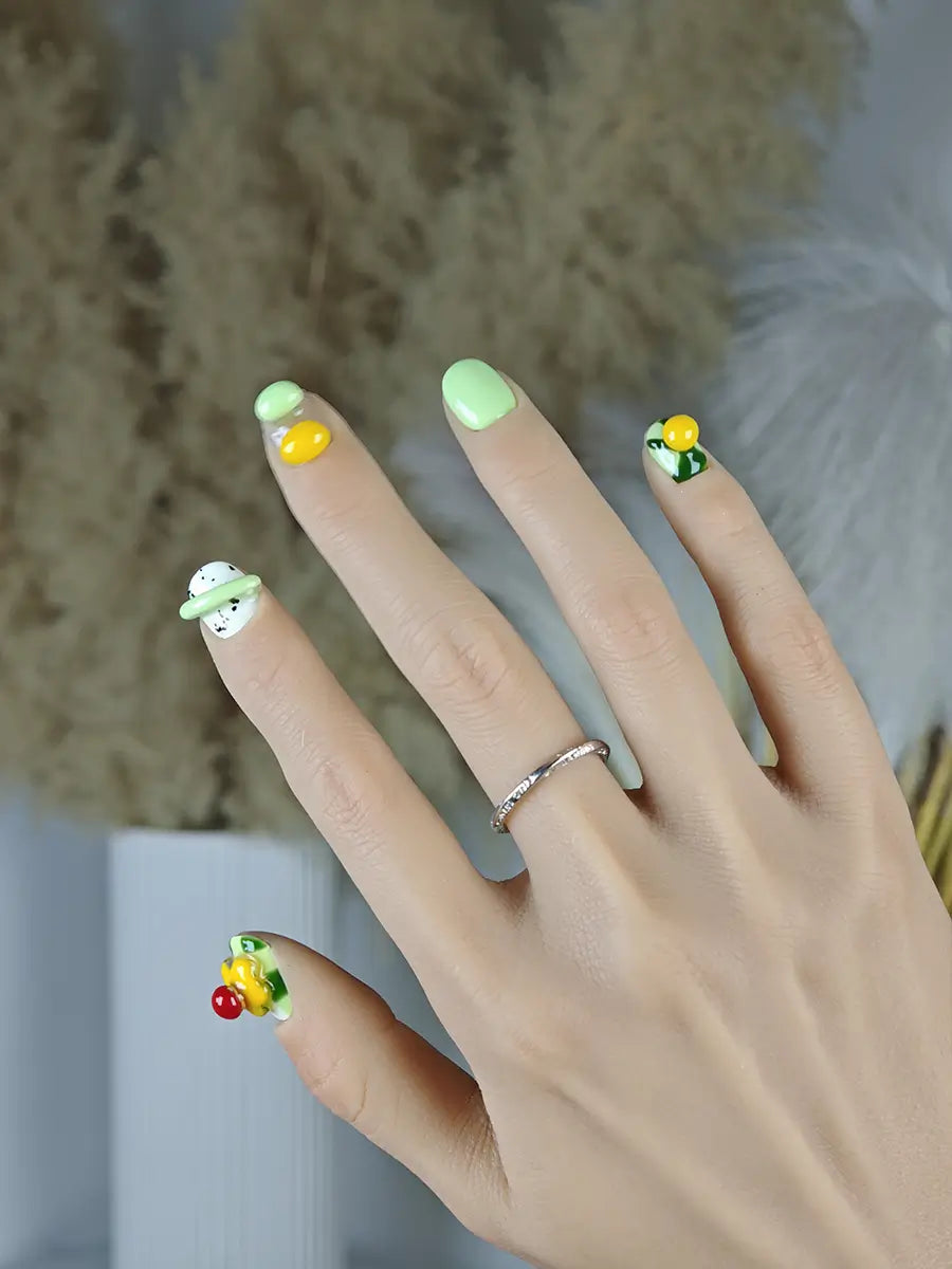 Spring Green & Yellow Press-On Nails with 3D Decorations – Short Square