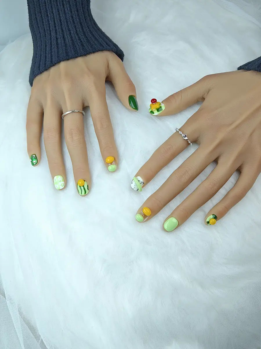 Spring Green & Yellow Press-On Nails with 3D Decorations – Short Square