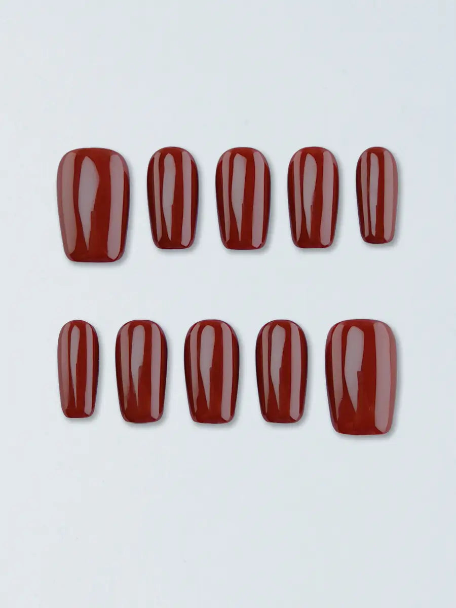 Classic Red Brown Solid Press-On Nails – Vintage Autumn/Winter Look