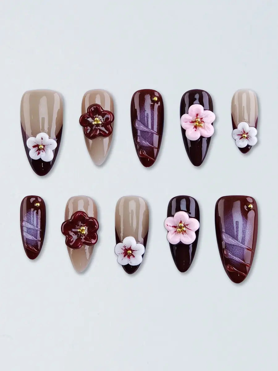 Baroque-Style Press On Nails – 3D Flowers, Nude & Deep Red Mix, Almond Shape