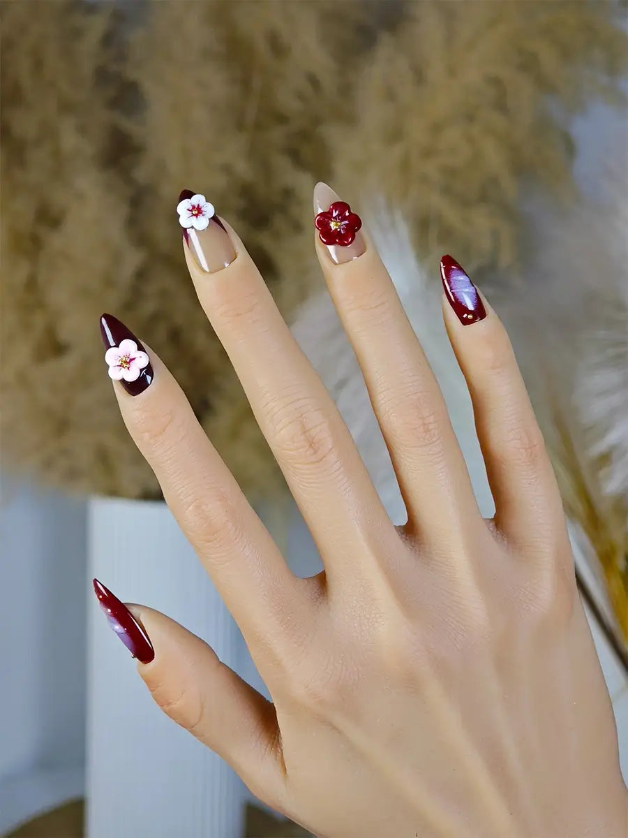 Baroque-Style Press On Nails – 3D Flowers, Nude & Deep Red Mix, Almond Shape