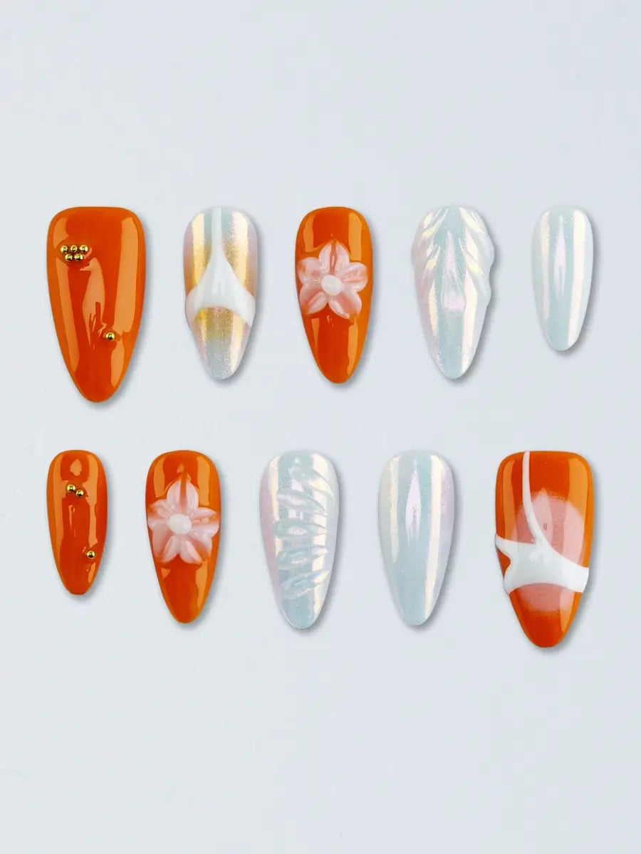Colorful Almond Nails with 3D Mini Florals and Orange-White French Twist