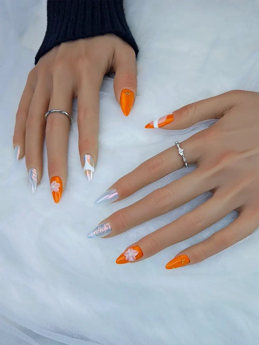 Colorful Almond Nails with 3D Mini Florals and Orange-White French Twist