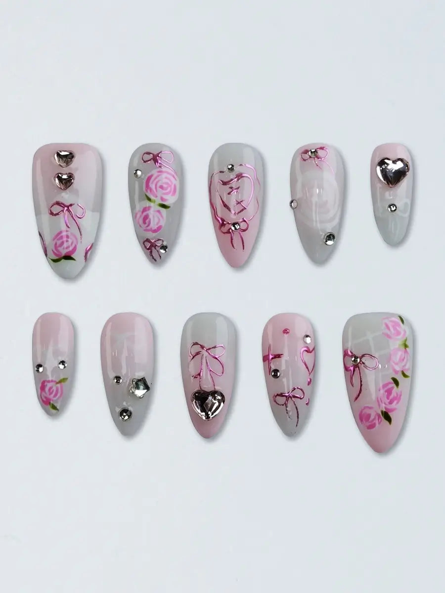 Pink Romance Almond Nails with Hand-Painted Floral & Heart Details – Press On Nails