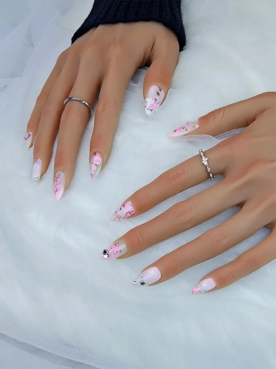 Pink Romance Almond Nails with Hand-Painted Floral & Heart Details – Press On Nails