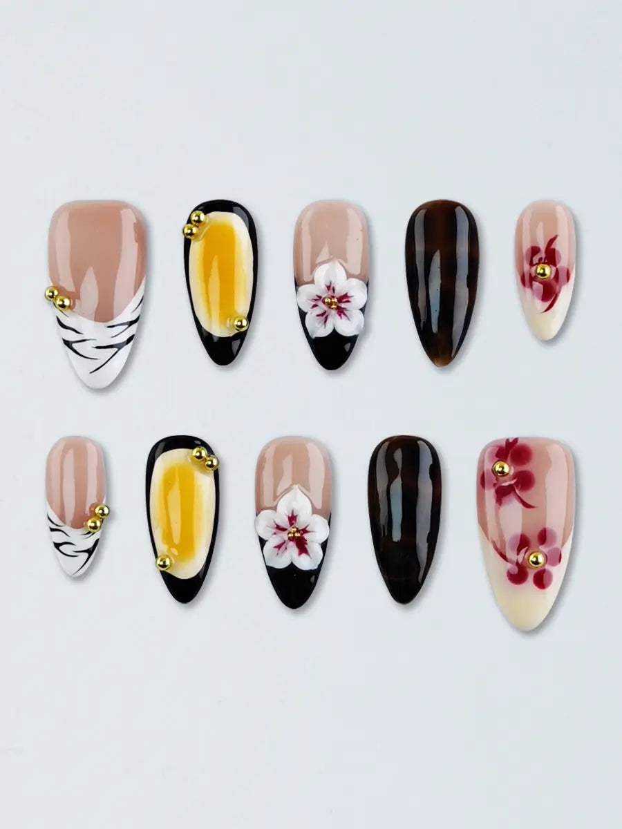 Baroque-Style Press On Nails – 3D Flowers, Nude & Deep Red Mix, Almond Shape