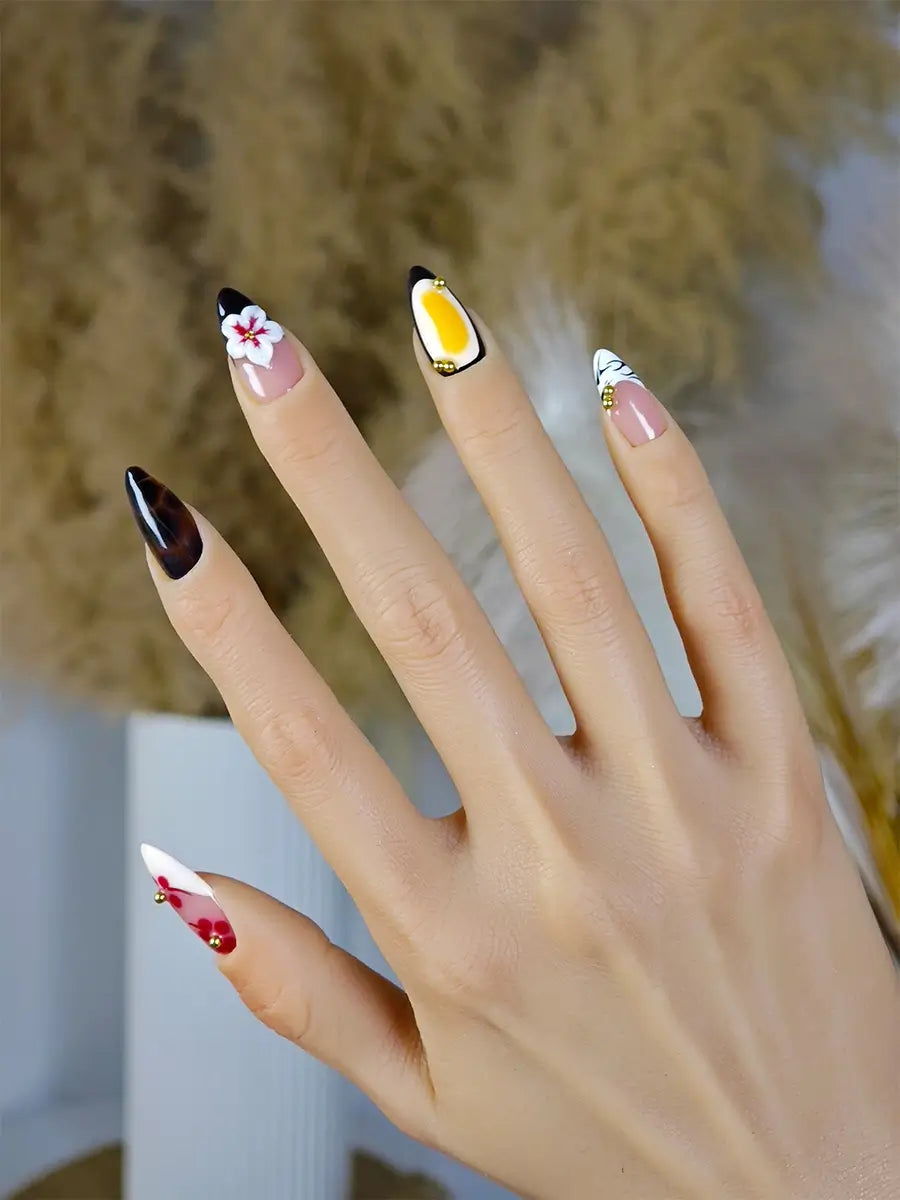 Baroque-Style Press On Nails – 3D Flowers, Nude & Deep Red Mix, Almond Shape