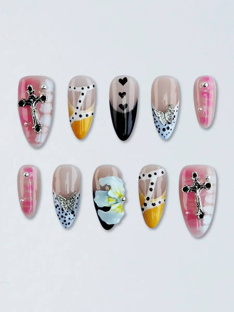 Pink & Black Floral Press Ons with Cross, Butterfly & Heart Charms – Gothic Romance in Almond Shape