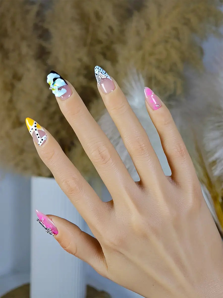 Pink & Black Floral Press Ons with Cross, Butterfly & Heart Charms – Gothic Romance in Almond Shape