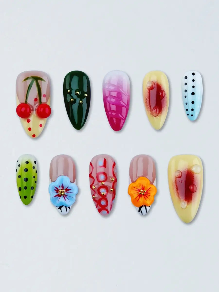 3D Cherry Blossom Almond Nails Colorful Polka Dots & Fruit-Themed Summer Press Ons