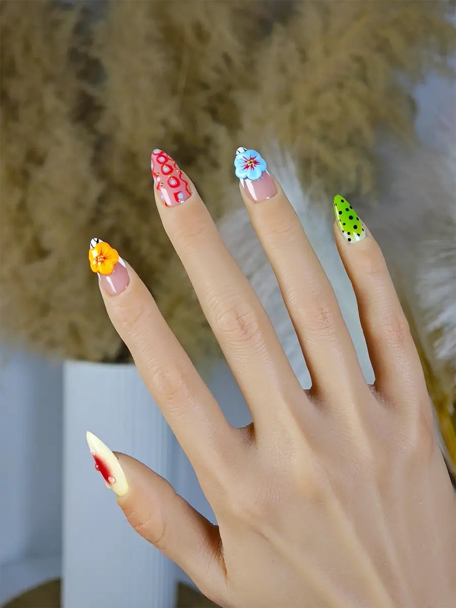 3D Cherry Blossom Almond Nails Colorful Polka Dots & Fruit-Themed Summer Press Ons