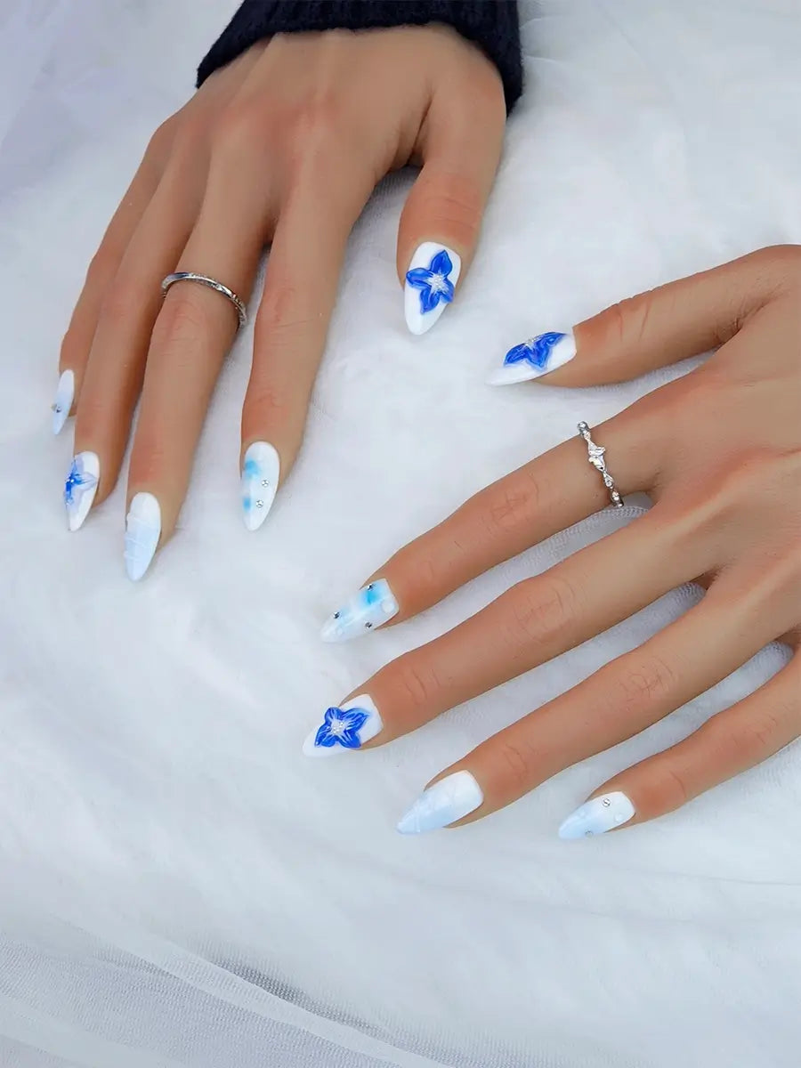 White & Navy Almond Press On Nails with 3D Floral Carving Ocean Breeze Aesthetic