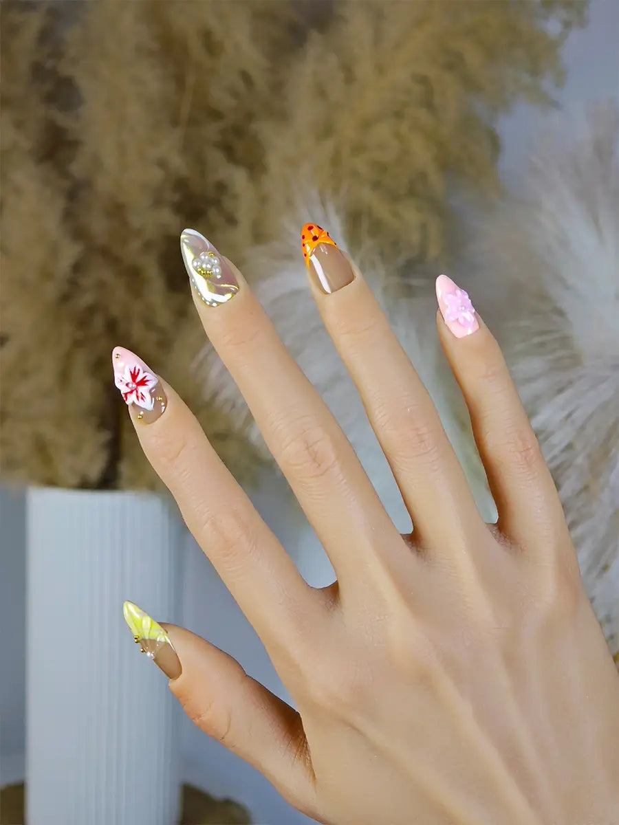 Textured Shell Art Nude Almond Nails – Press On Nails with Summer Island Mood