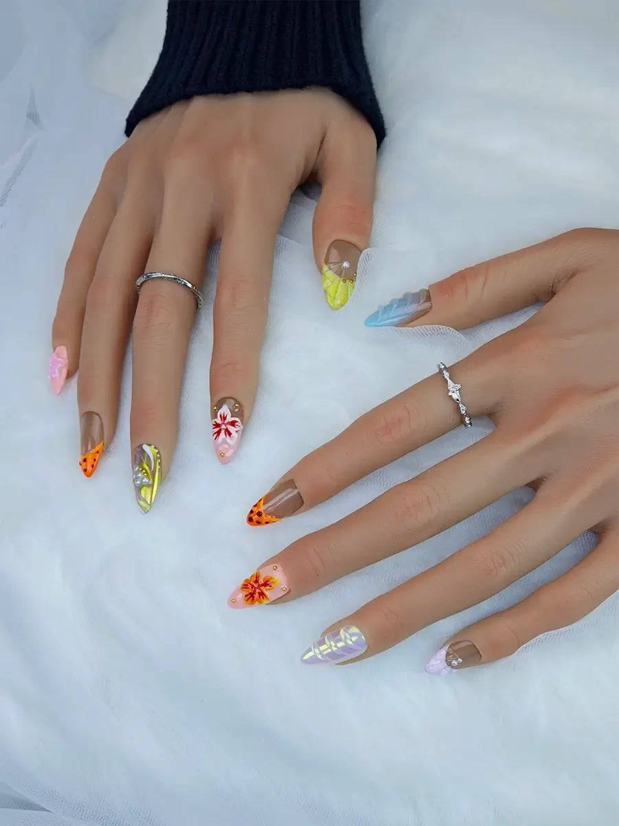 Textured Shell Art Nude Almond Nails – Press On Nails with Summer Island Mood