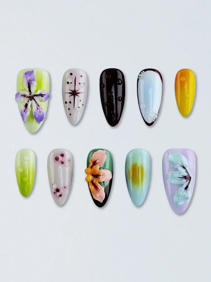 Creative Almond Press On Nails with Color Mix, 3D Florals, and Painted Details
