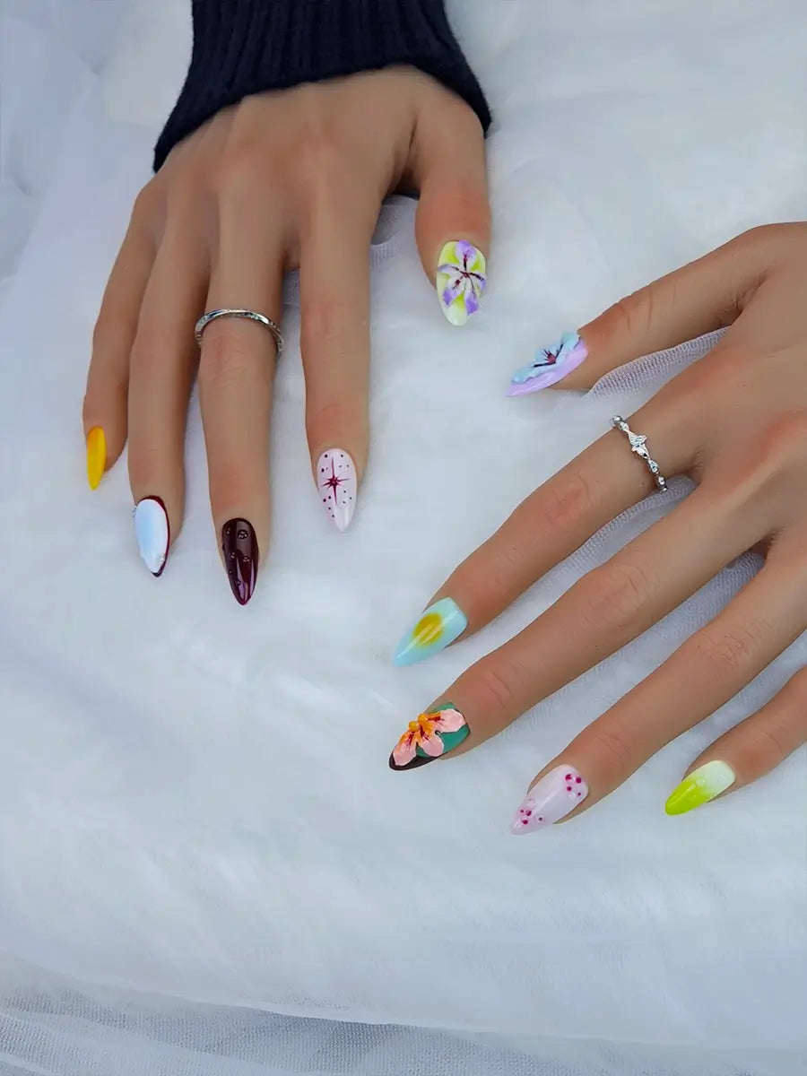 Creative Almond Press On Nails with Color Mix, 3D Florals, and Painted Details