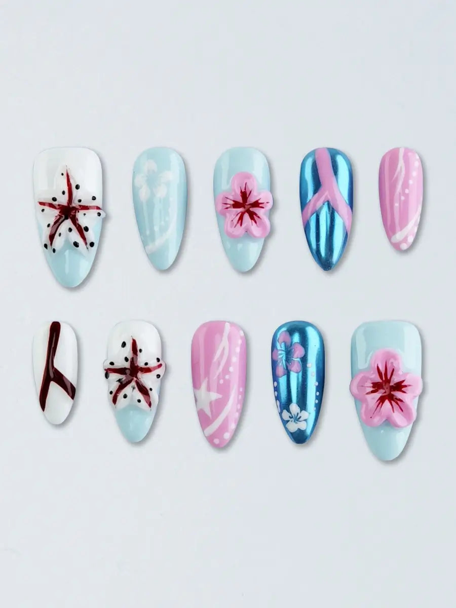 Coastal Charm Almond Nails – Sculpted Starfish, Pink-Blue Fusion and Ocean Vibes