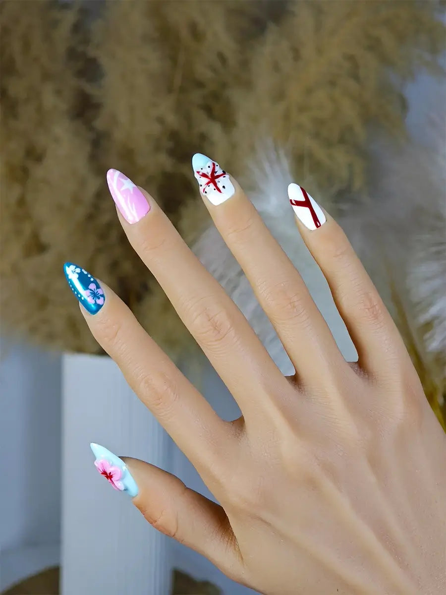 Coastal Charm Almond Nails – Sculpted Starfish, Pink-Blue Fusion and Ocean Vibes