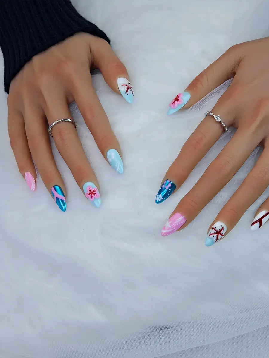 Coastal Charm Almond Nails – Sculpted Starfish, Pink-Blue Fusion and Ocean Vibes