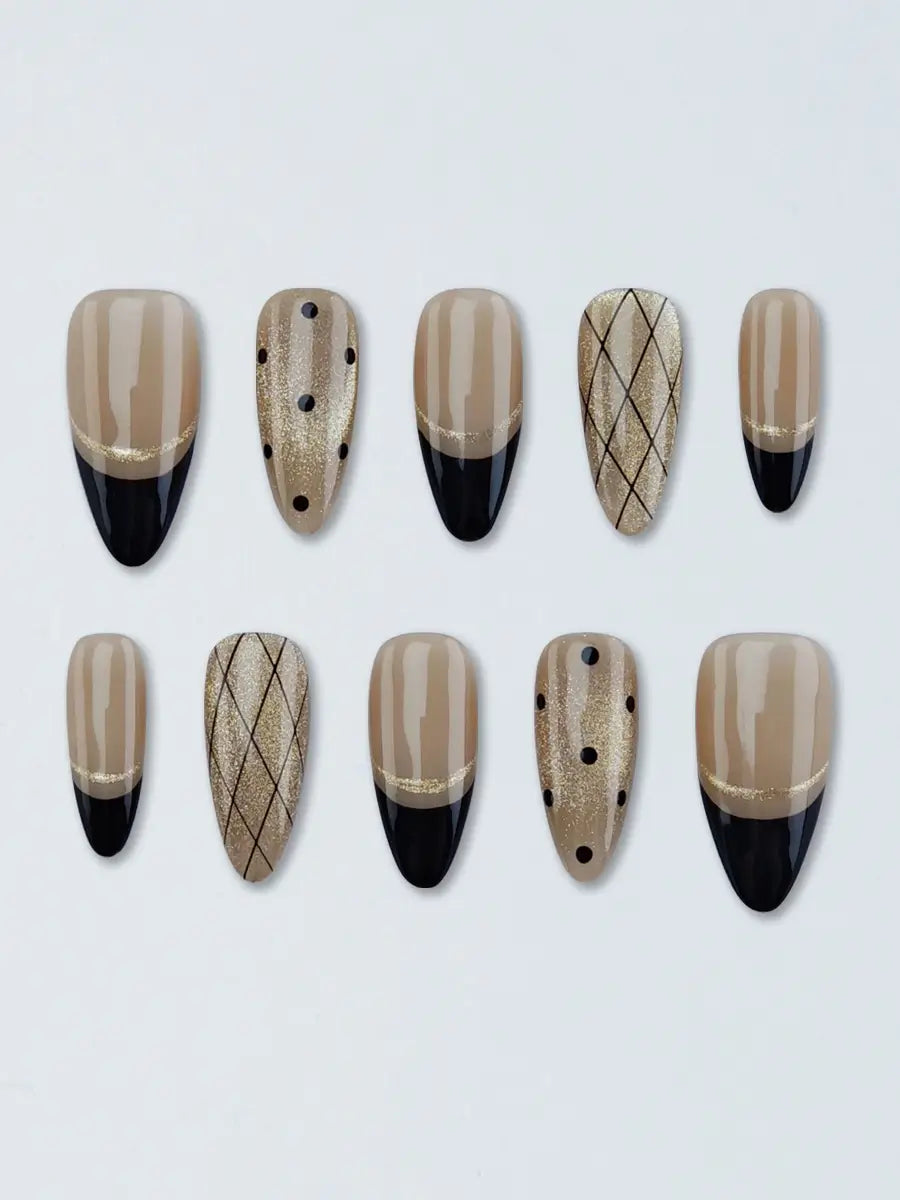 Nude Almond Nails with Graphic Black French Tips and Dotted Mesh Artwork