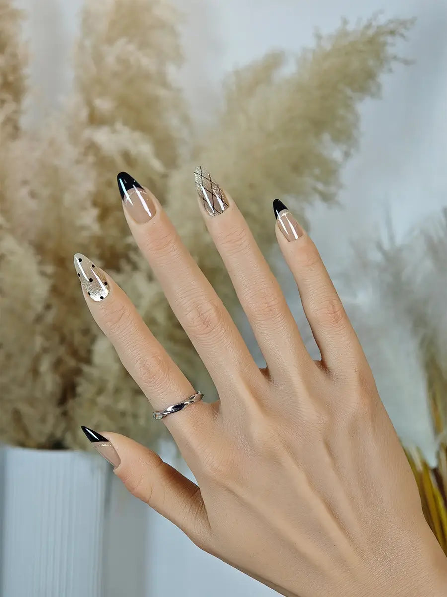 Nude Almond Nails with Graphic Black French Tips and Dotted Mesh Artwork