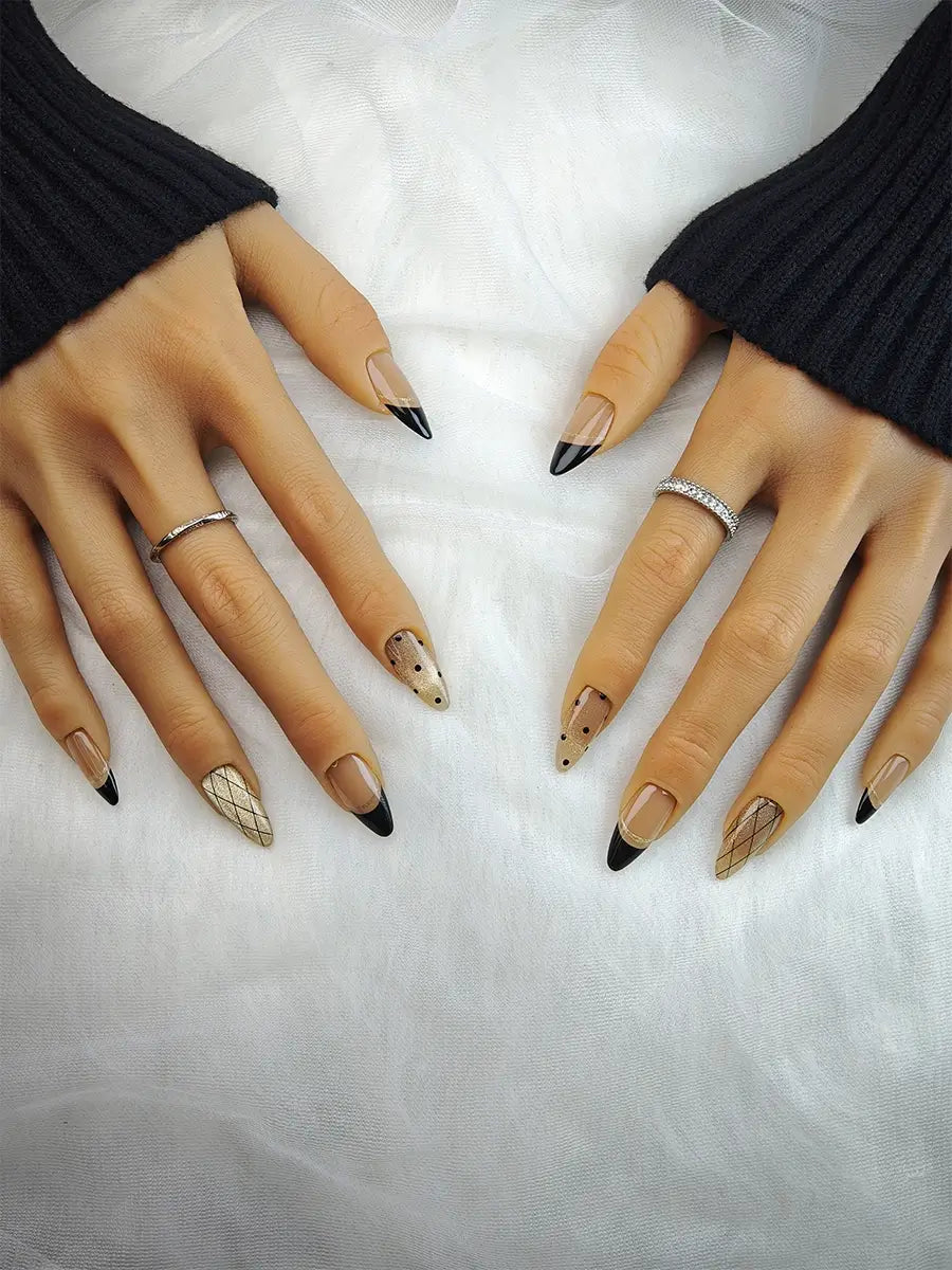 Nude Almond Nails with Graphic Black French Tips and Dotted Mesh Artwork