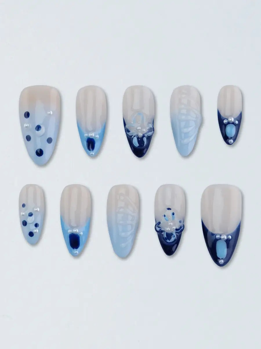 Dual-Tone Blue Almond Press Ons with French Tips, 3D Floral Details & Polka Dot Accents