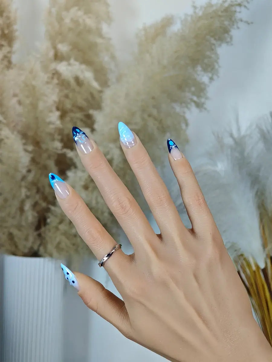 Dual-Tone Blue Almond Press Ons with French Tips, 3D Floral Details & Polka Dot Accents