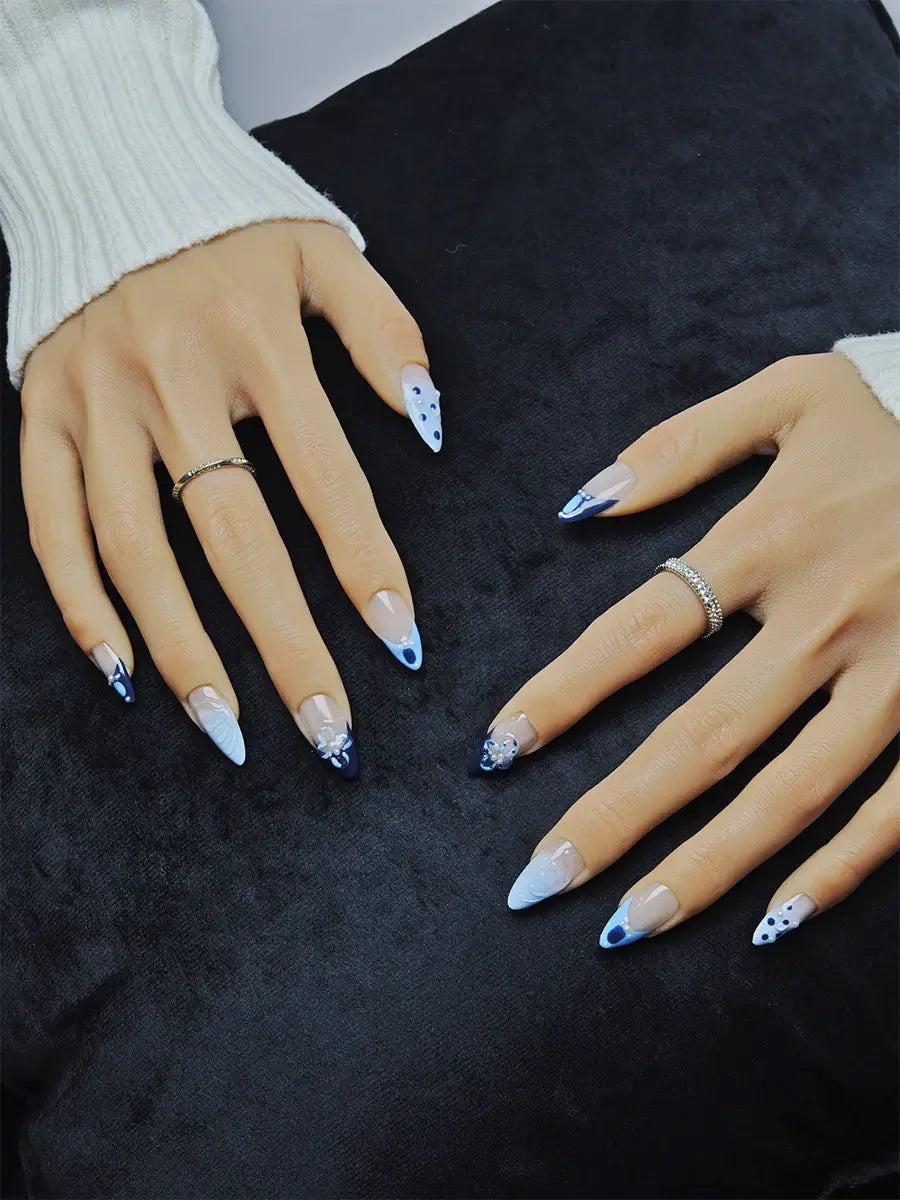Dual-Tone Blue Almond Press Ons with French Tips, 3D Floral Details & Polka Dot Accents