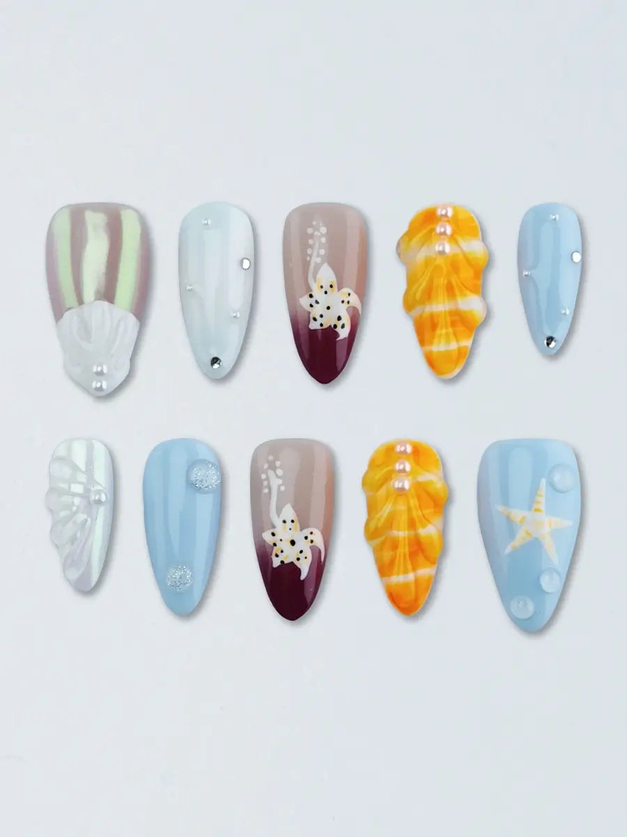 Vibrant Beach Nails with Shell & Starfish Elements – Almond Shape Press On Nails