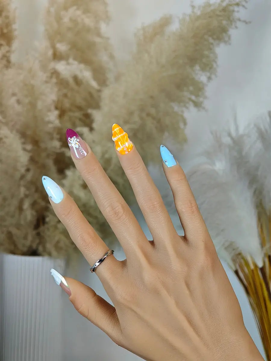 Vibrant Beach Nails with Shell & Starfish Elements – Almond Shape Press On Nails