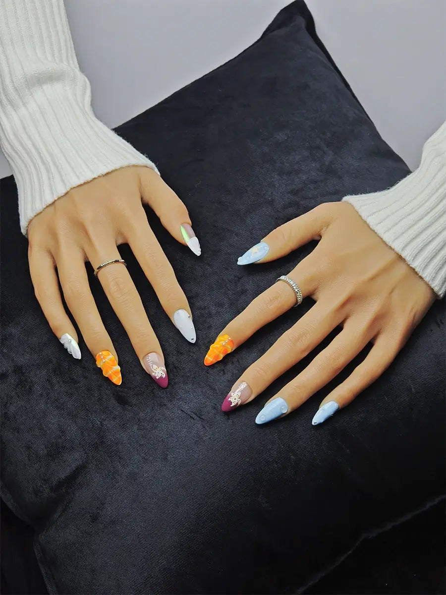 Vibrant Beach Nails with Shell & Starfish Elements – Almond Shape Press On Nails