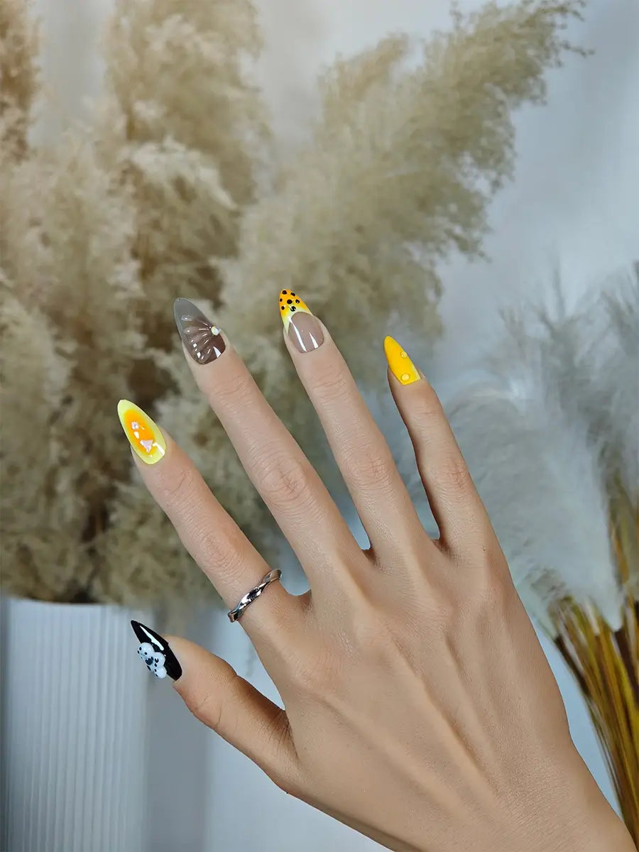 Cute & Edgy Almond Nails with Polka Dot Tips and Raised Floral Elements   Black-Yellow-Grey Design