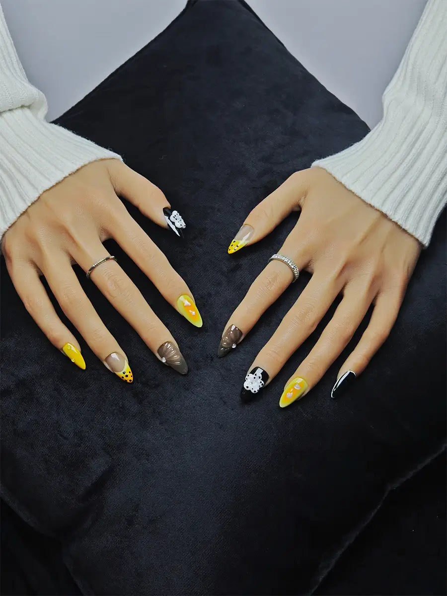Cute & Edgy Almond Nails with Polka Dot Tips and Raised Floral Elements   Black-Yellow-Grey Design