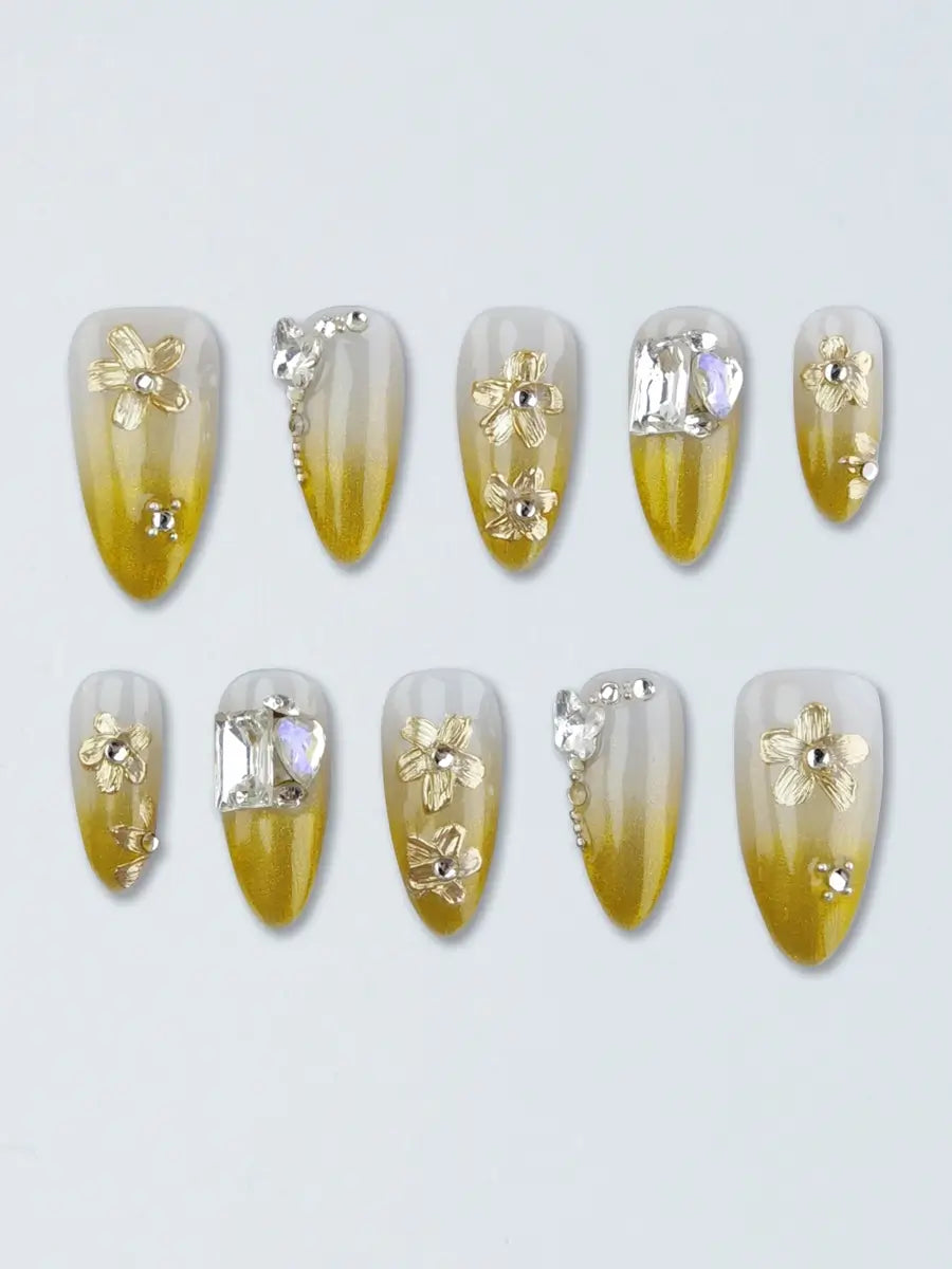 Minimalist Mustard Gradient Almond Nails with Elegant French Tips and Sparkling Rhinestones