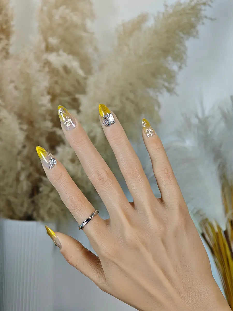 Minimalist Mustard Gradient Almond Nails with Elegant French Tips and Sparkling Rhinestones