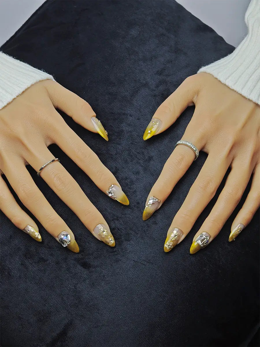 Minimalist Mustard Gradient Almond Nails with Elegant French Tips and Sparkling Rhinestones