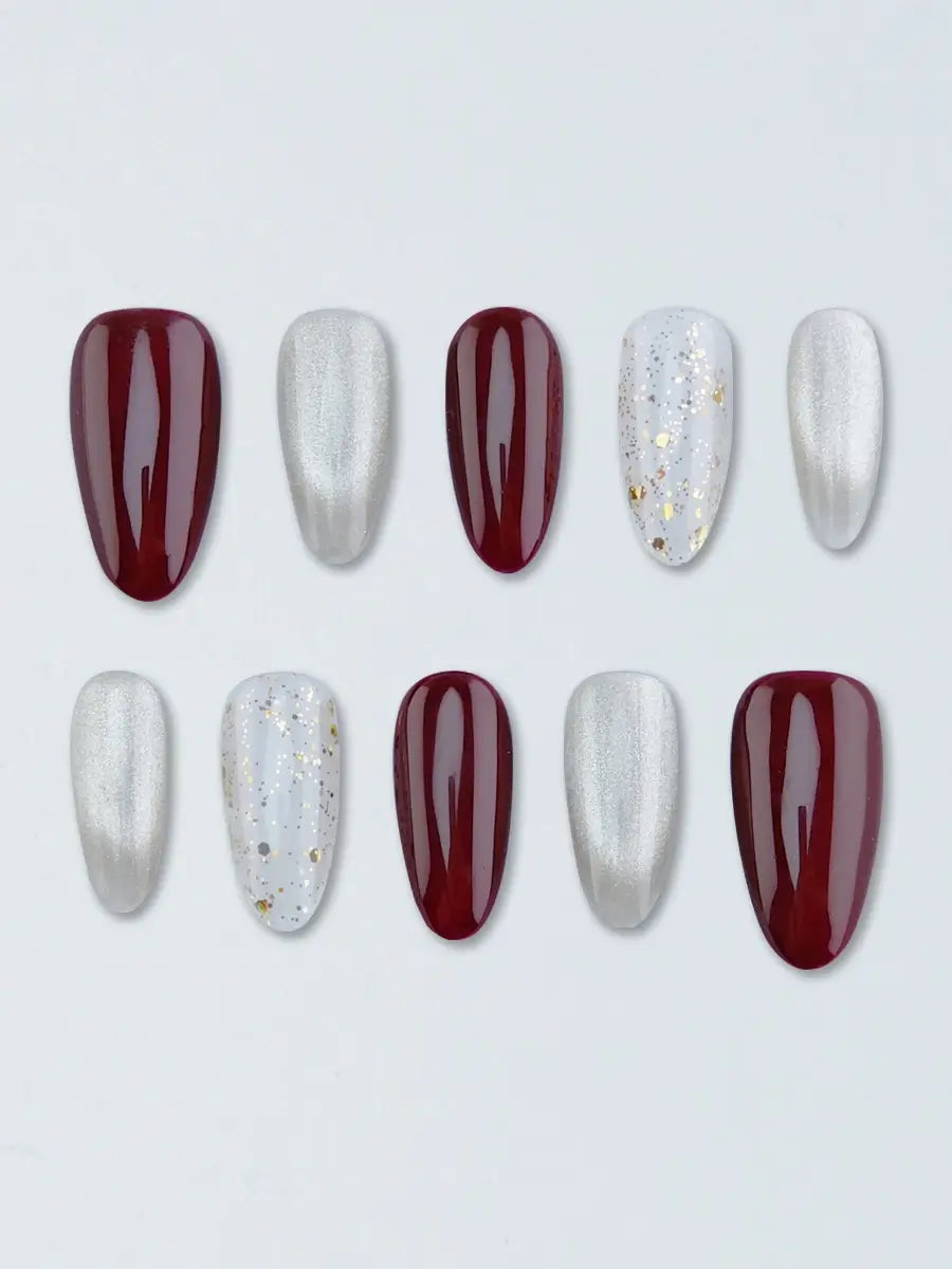 Everyday Almond Press Ons with Dark Red & White Cat Eye, Crystal Clear Glitter Classy and Clean Look