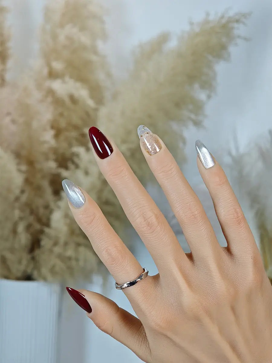 Everyday Almond Press Ons with Dark Red & White Cat Eye, Crystal Clear Glitter Classy and Clean Look