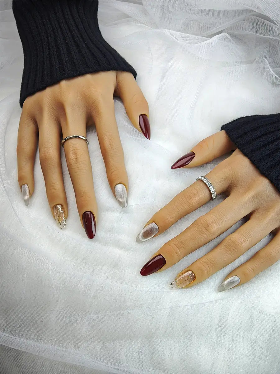 Everyday Almond Press Ons with Dark Red & White Cat Eye, Crystal Clear Glitter Classy and Clean Look