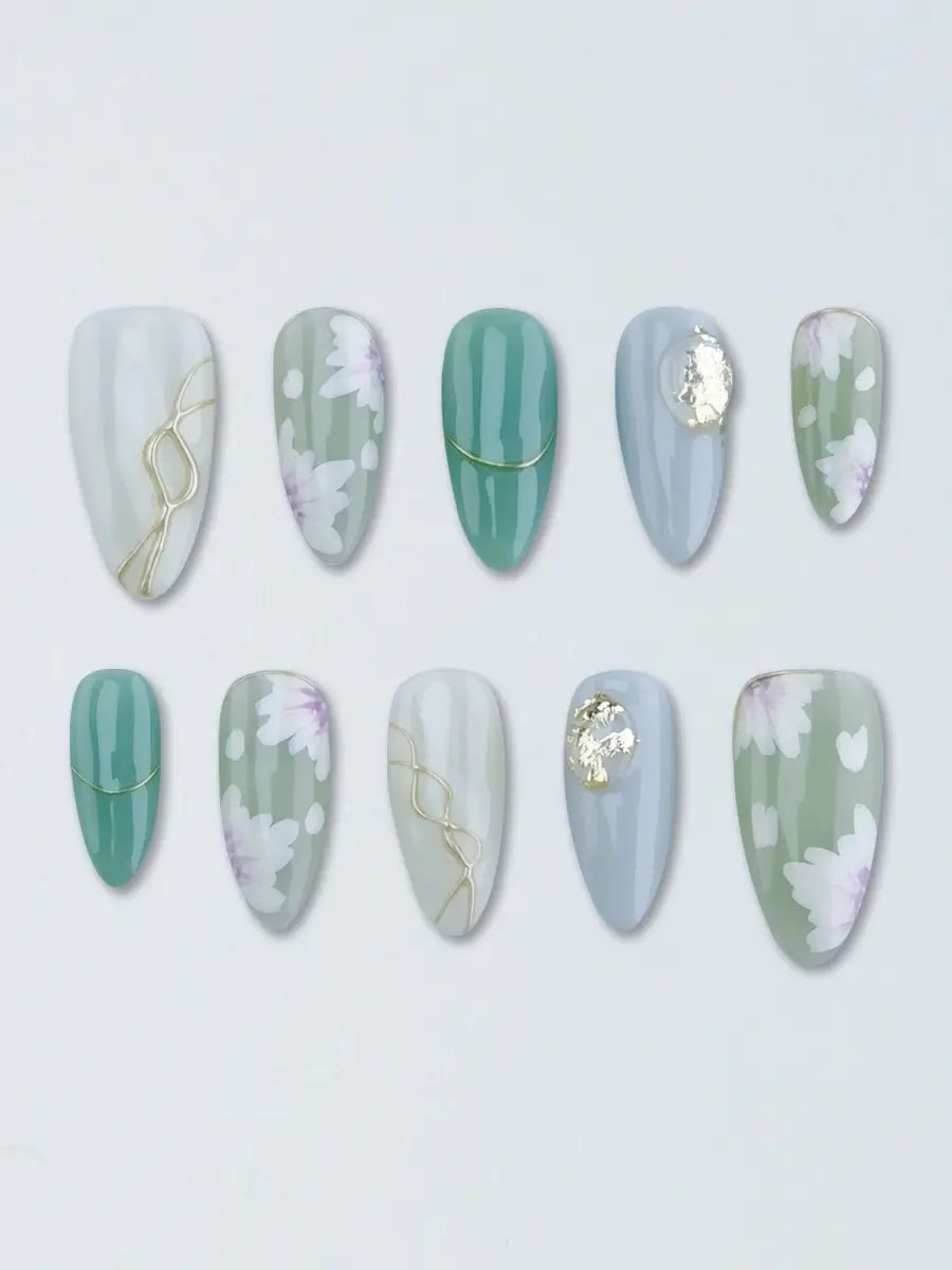 Mint Blossom Almond Nails with Floral Art, Gold Stripes and Crystal Embellishments Press On Nails